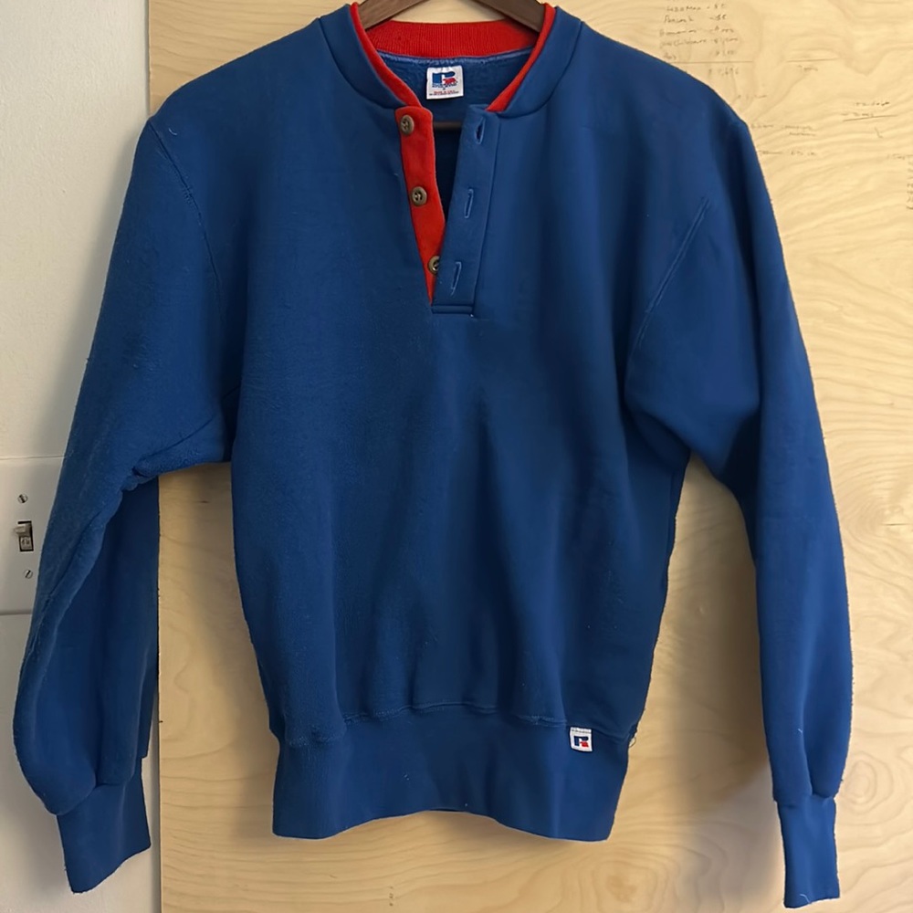 Vintage 1980s Russell athletic double collar button front sweatshirt blue S